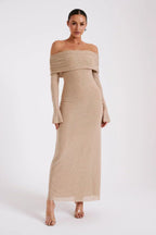 Jurk Dames Feestelijk Glanzend met Transparante Mouwen - Polyester - Beige