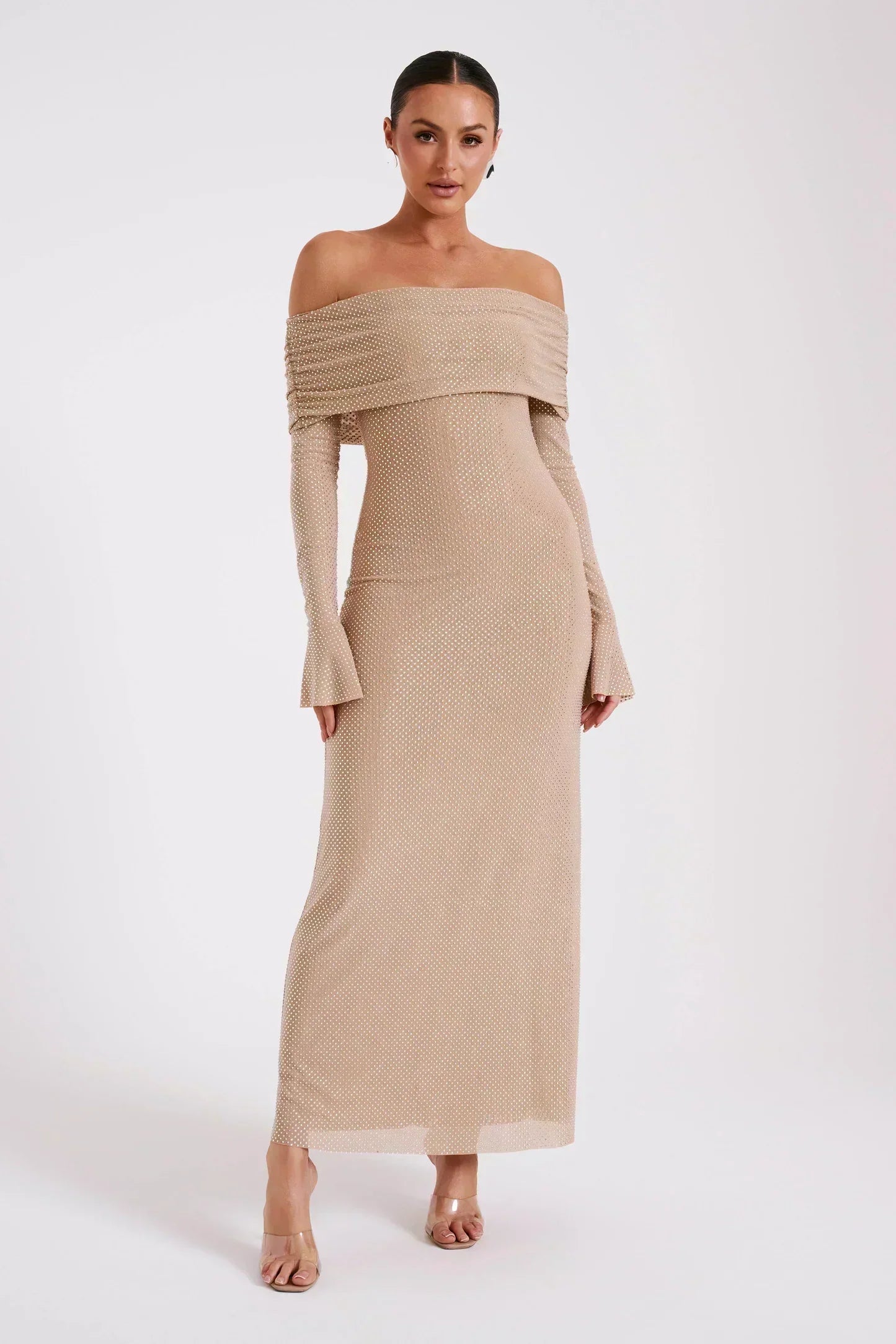 Jurk Dames Feestelijk Glanzend met Transparante Mouwen - Polyester - Beige