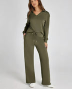 Tweedelige Set Dames Lange Mouwen Relaxed – Co-ord Set - Legergroen