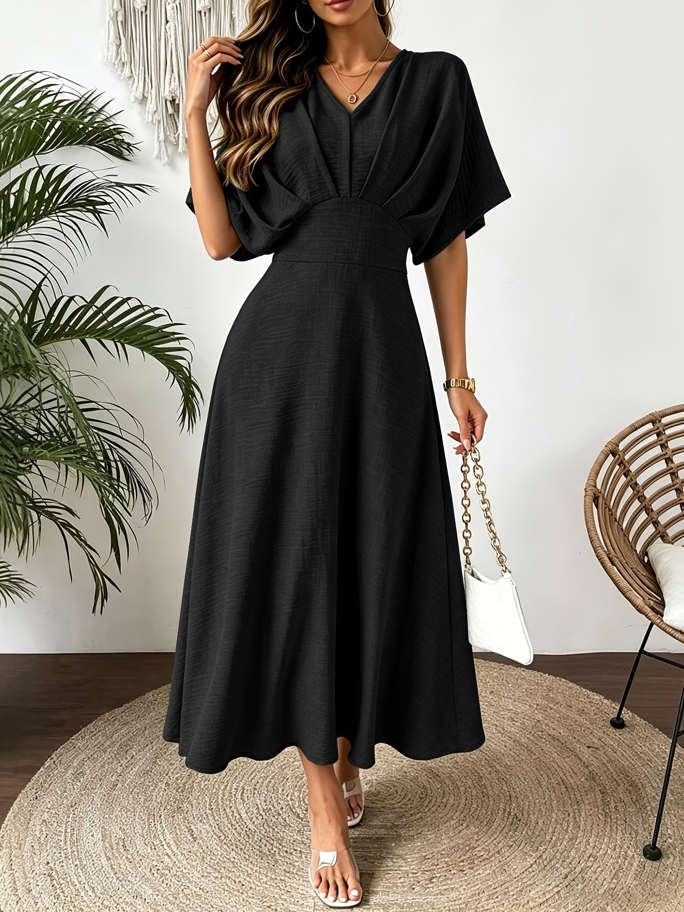 Jurk Dames Midi Vleermouwen V-hals A-lijn - Viscose - Zwart