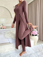 Miss | Loungeset Dames Ribgebreid Lang Vest Splitdetail