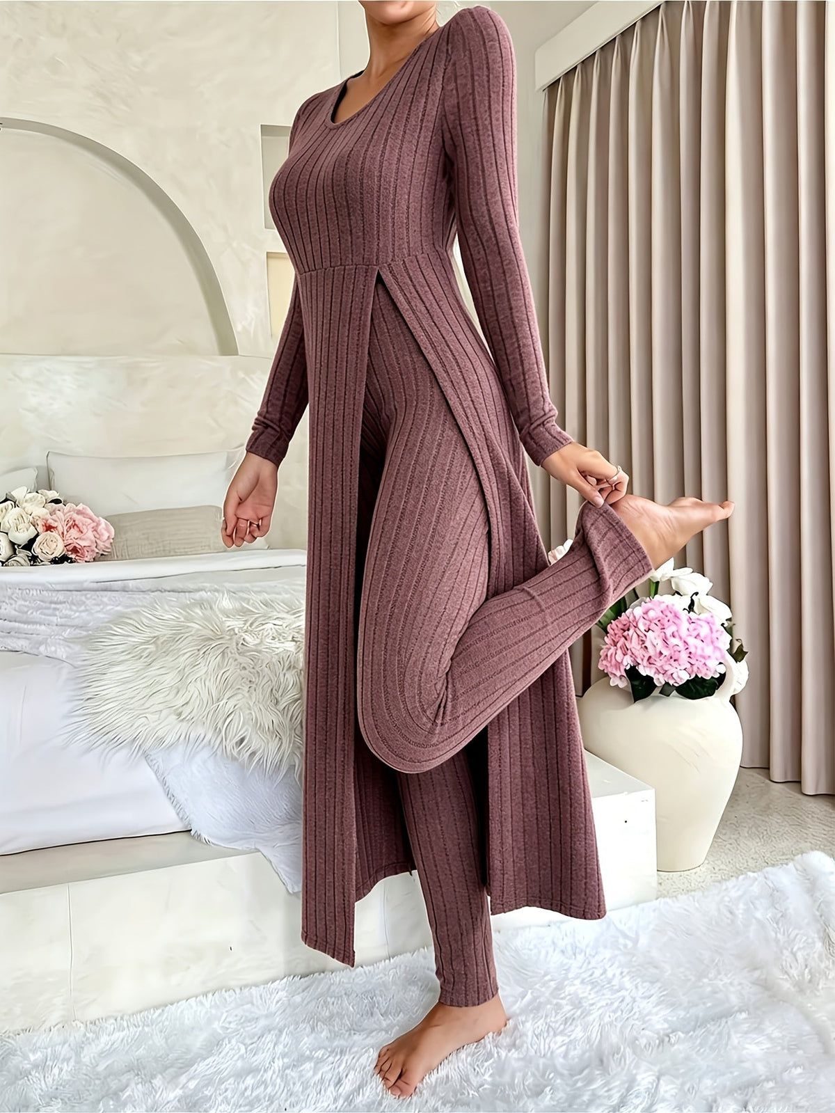 Miss | Loungeset Dames Ribgebreid Lang Vest Splitdetail