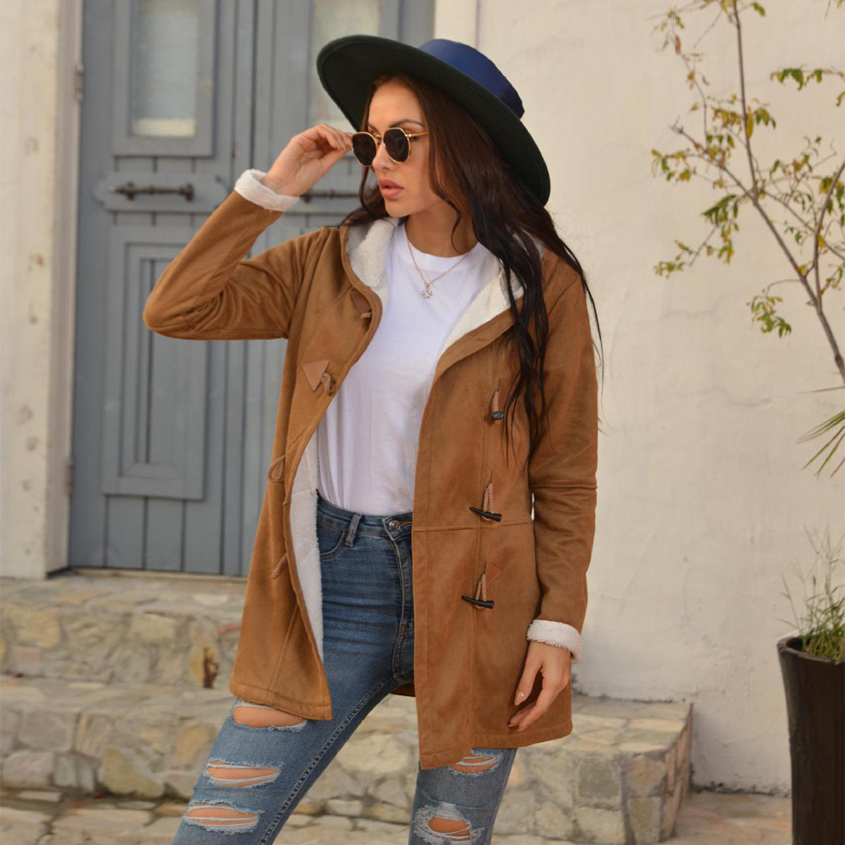 Jas Dames Fleece Capuchon Midi Vintage