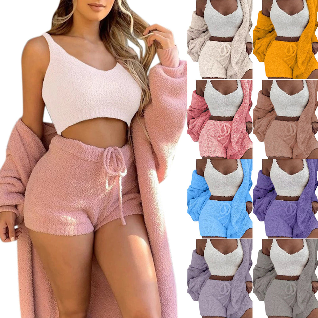 Nachtkleding Dames 3-Delig Fluweel Korte Broek & Crop Top