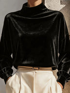 Velvet Top Dames met Col Lange Mouw – Losvallende Fluwelen Top