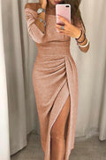 Miss | Avondjurk Dames Off-Shoulder Lange Mouw met Split - Champagne
