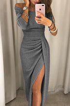 Miss | Avondjurk Dames Off-Shoulder Lange Mouw met Split - Grijs