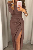 Miss | Avondjurk Dames Off-Shoulder Lange Mouw met Split - Bruin