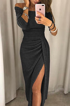 Miss | Avondjurk Dames Off-Shoulder Lange Mouw met Split - Zwart