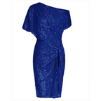 Jurk Dames Feestelijk One-Shoulder Glitter Strik - Polyester - Blauw