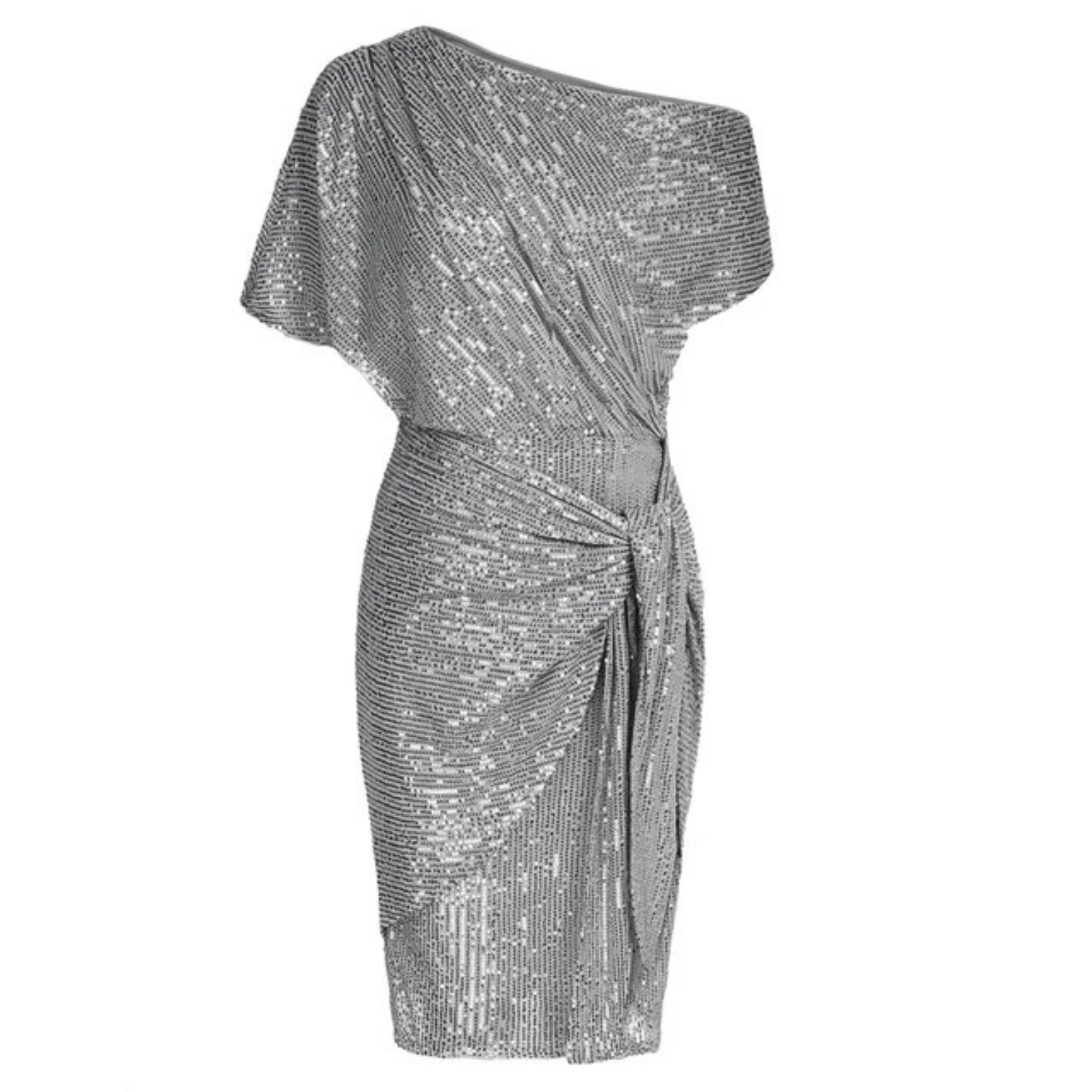 Jurk Dames Feestelijk One-Shoulder Glitter Strik - Polyester - Licht grijs