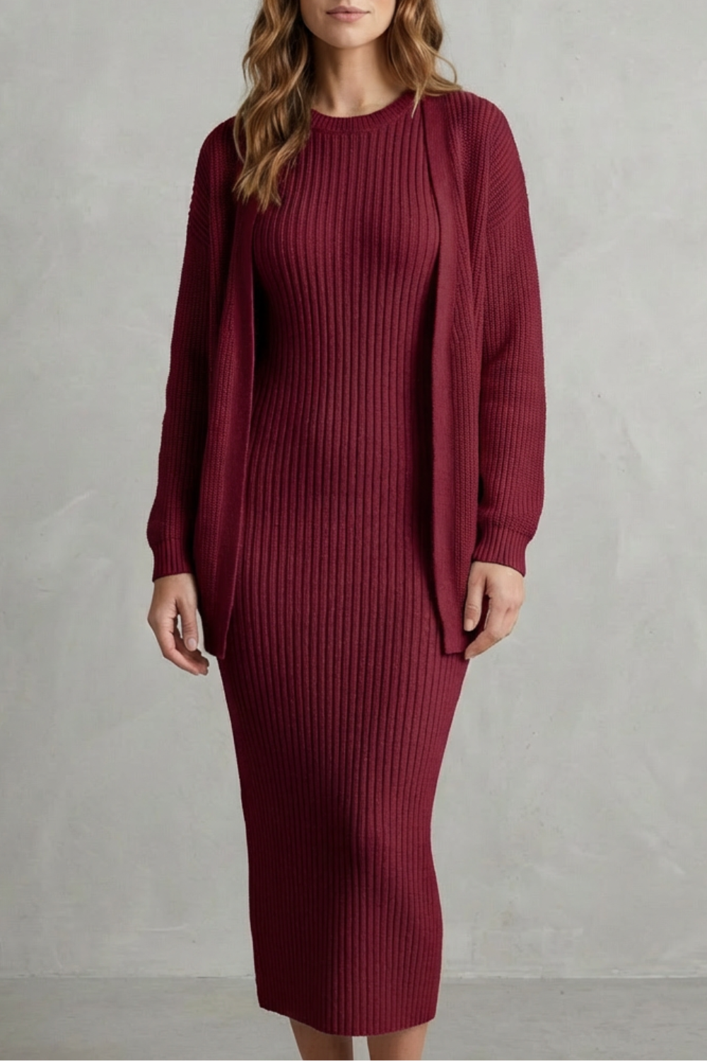 Miss | Tweedelige Set Dames Jurk + Cardigan Geribbeld – Co-ord Set