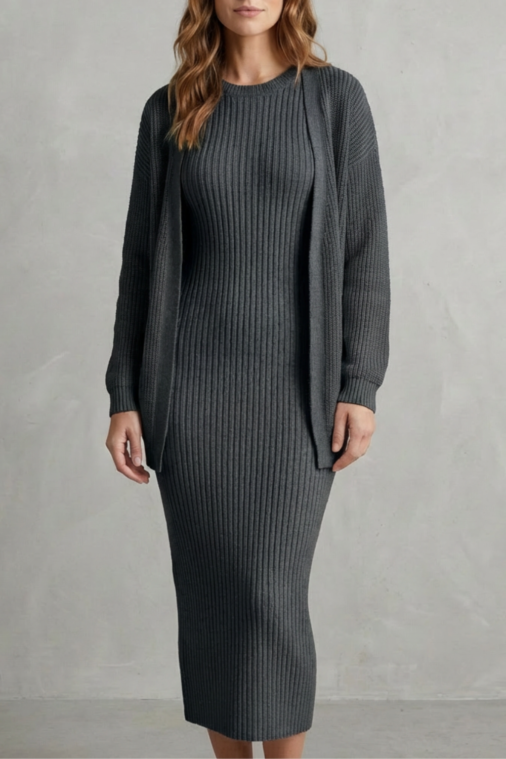 Miss | Tweedelige Set Dames Jurk + Cardigan Geribbeld – Co-ord Set