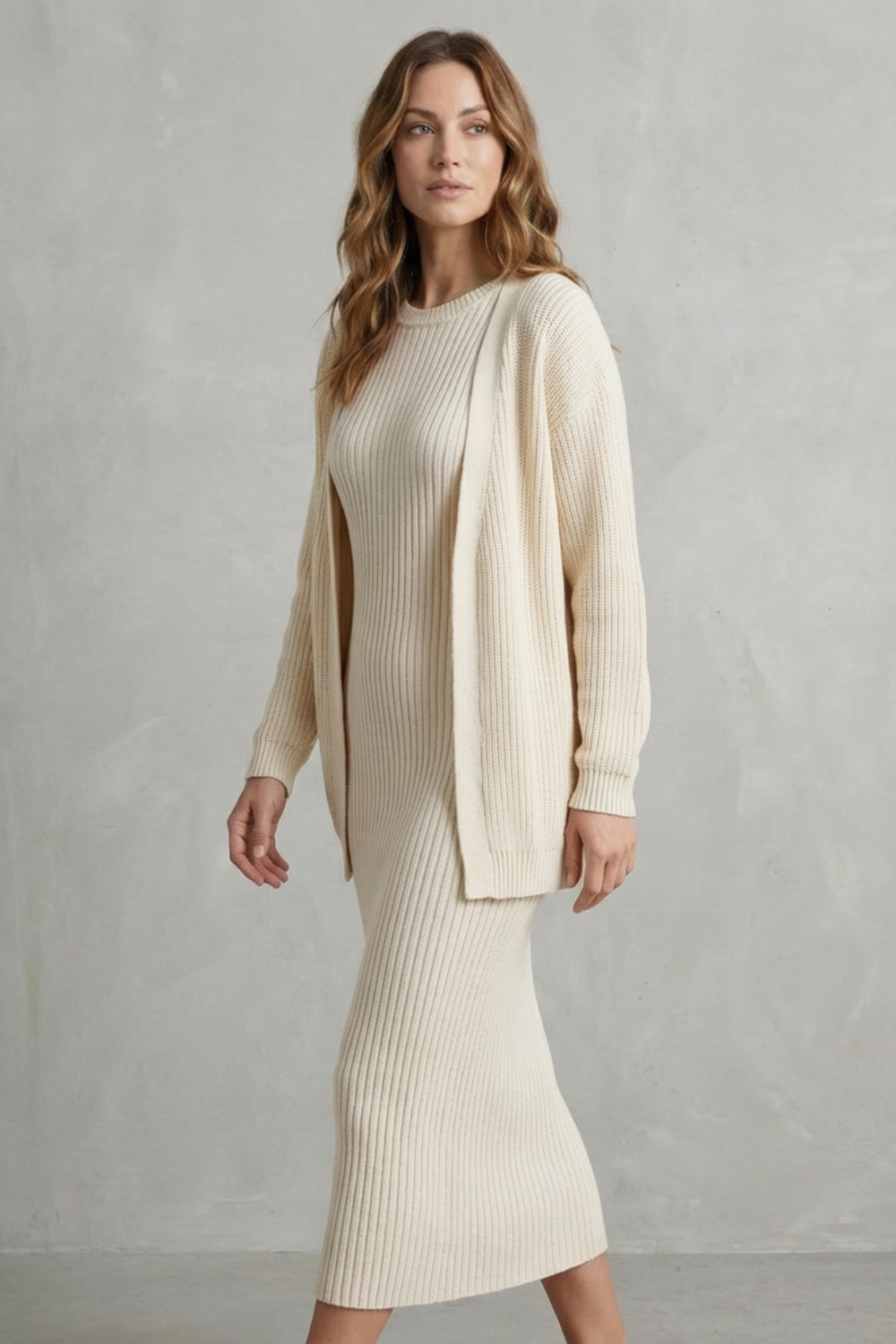 Miss | Tweedelige Set Dames Jurk + Cardigan Geribbeld – Co-ord Set