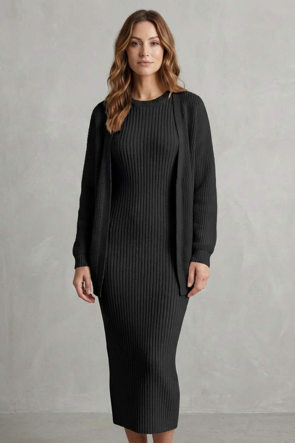 Miss | Tweedelige Set Dames Jurk + Cardigan Geribbeld – Co-ord Set