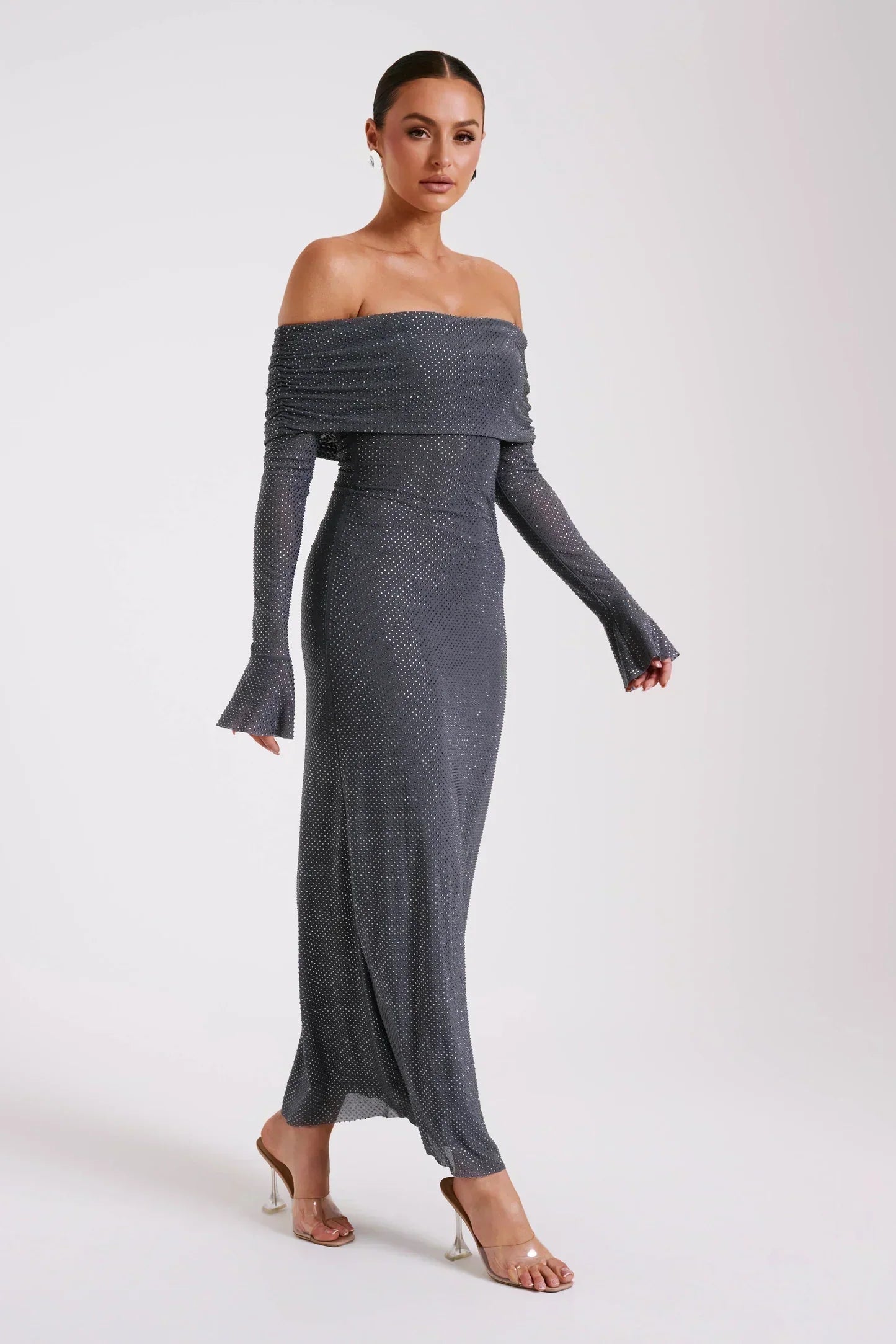 Jurk Dames Feestelijk Glanzend met Transparante Mouwen - Polyester - Grijs