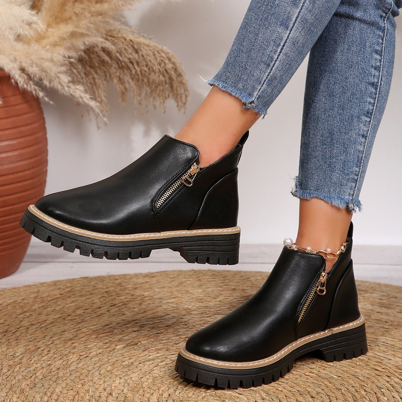 Miss | Enkellaarzen Dames Diagonale Goudkleurige Rits Chunky Zool