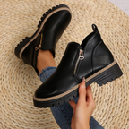 Miss | Enkellaarzen Dames Diagonale Goudkleurige Rits Chunky Zool