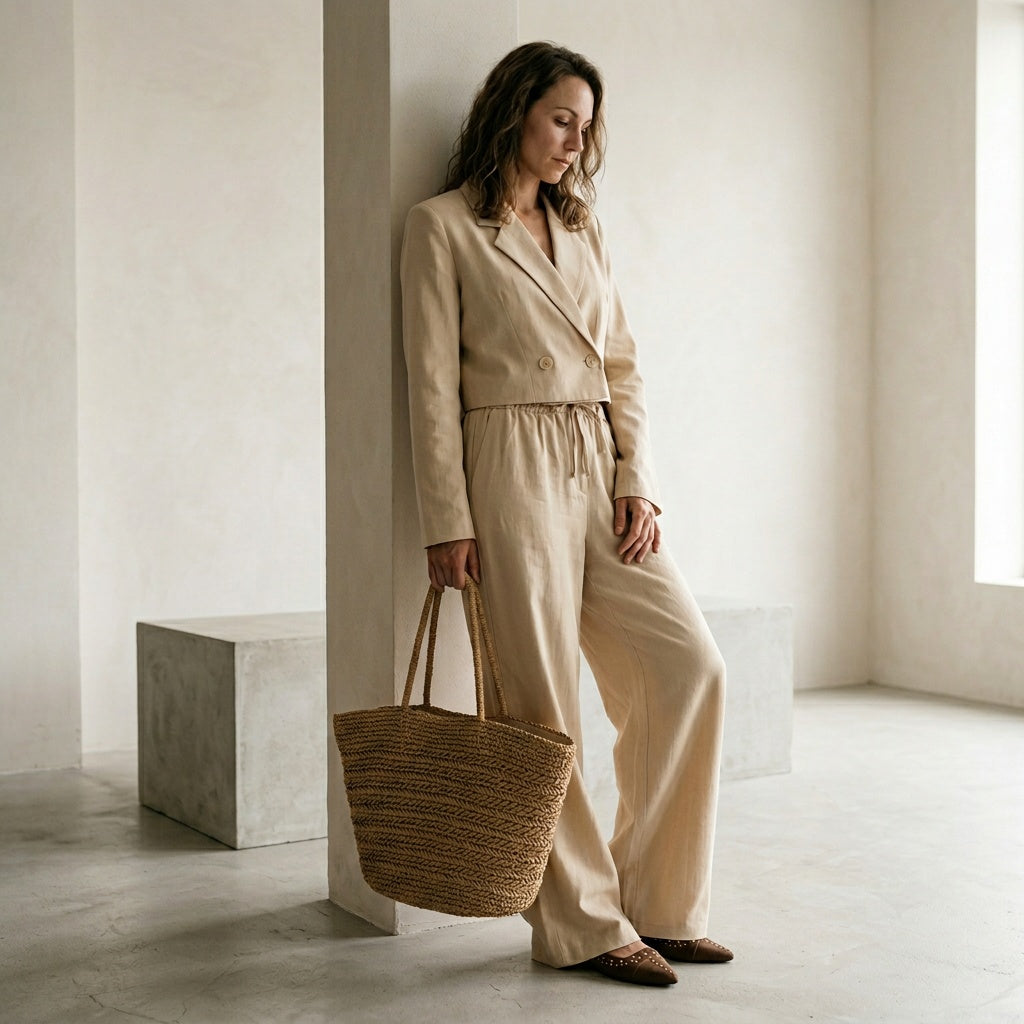 A different brunette woman, mid-length wavy hair, natural makeup, 

slim build, holding a woven straw tote bag, minimalist studio 

background warm off-white, soft diffused lighting, high-end fashion 

editorial style, photorealistic, high resolution, different person 

than reference, random natural pose, unexpected angle, 

use other pose for every photo