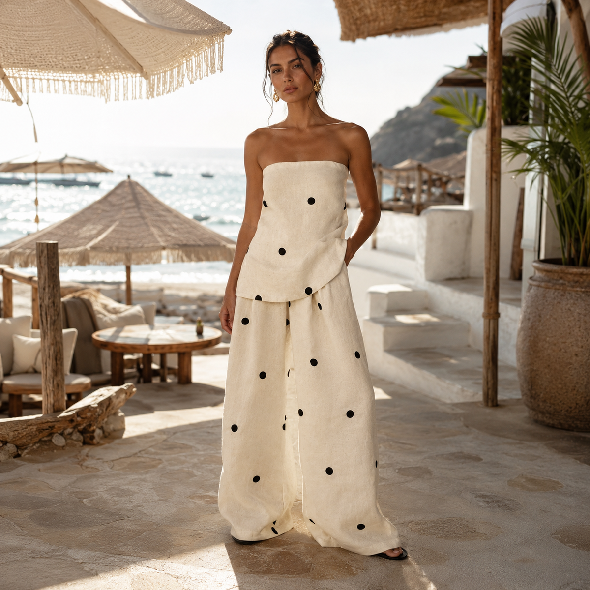Co-ord set Dames Zomers Polkadot Tweedelig - Chiffon - Beige  (Bijna uitverkocht)