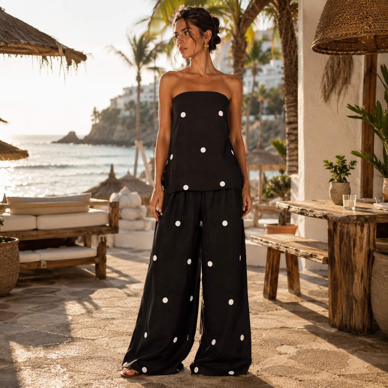 Co-ord set Dames Zomers Polkadot Tweedelig - Chiffon - Zwart  (Bijna uitverkocht)