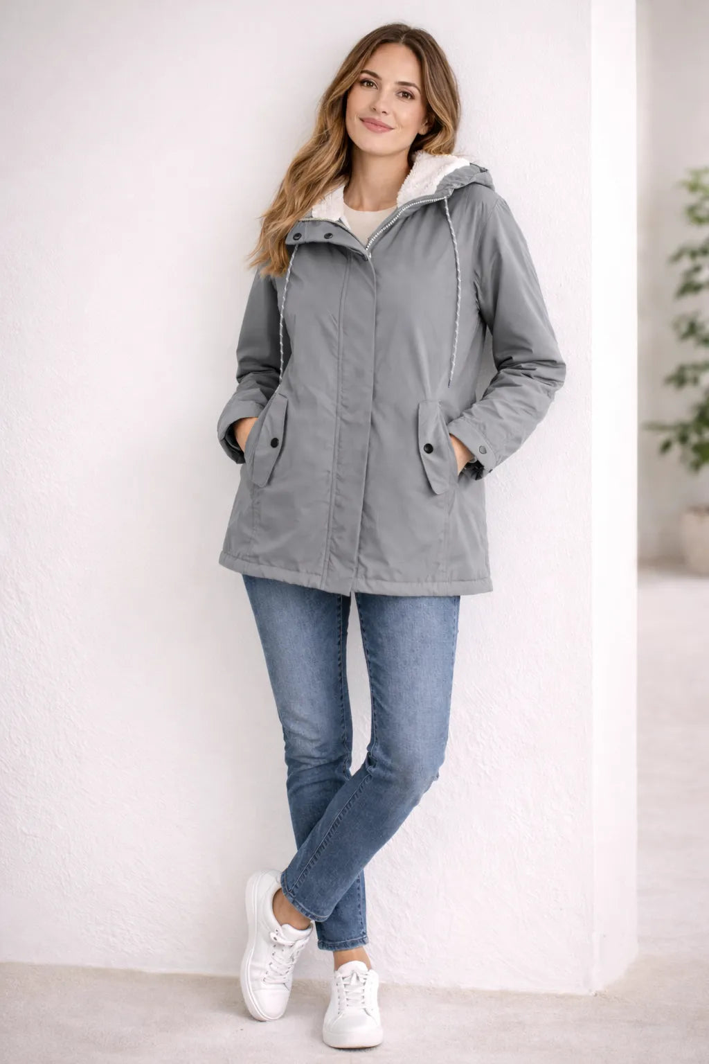 Trui Dames Gewatteerde Winterjas met Capuchon - Polyester - Grijs