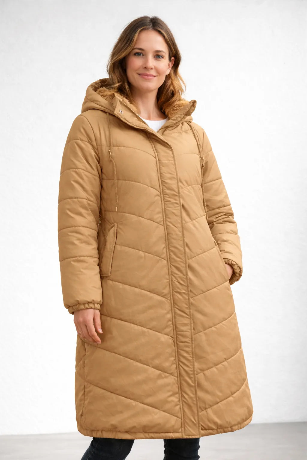 Jas Dames Gewatteerd Lang met Capuchon - Polyester - Geel