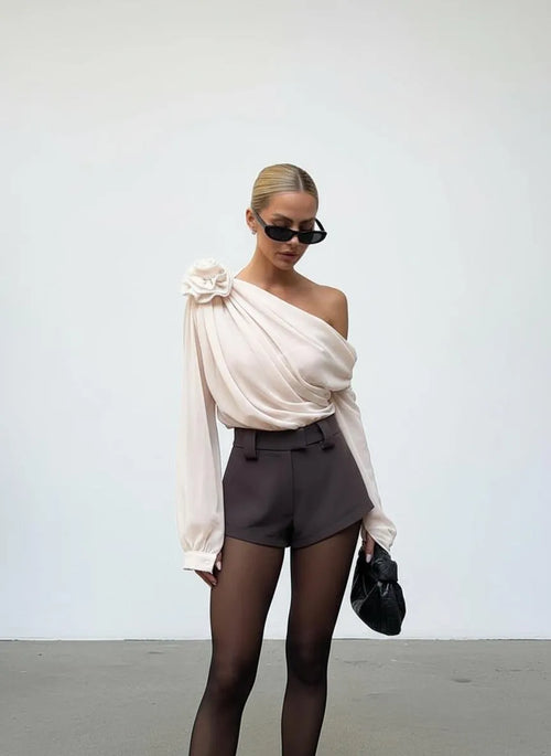 Chiffon Blouse Dames – Beige/Zwart | 3D Bloem - Miss Madera MIS-8GQUC4