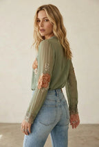 Chiffon Blouse Dames – Olijfgroen | V-hals Boho - Miss Madera MIS-BBDF22