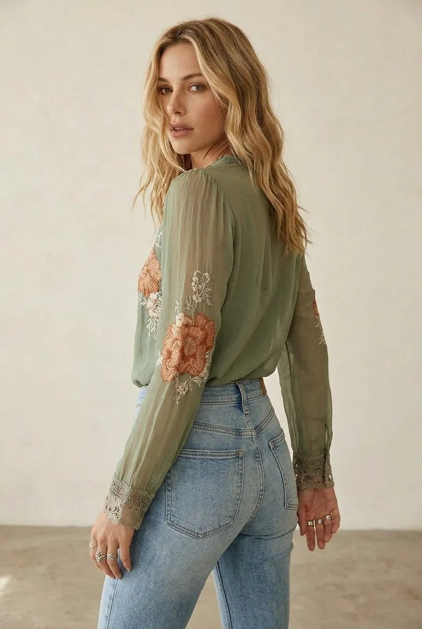 Chiffon Blouse Dames – Olijfgroen | V-hals Boho - Miss Madera MIS-BBDF22