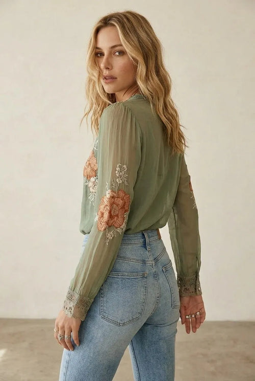 Chiffon Blouse Dames – Olijfgroen | V-hals Boho - Miss Madera MIS-BBDF22