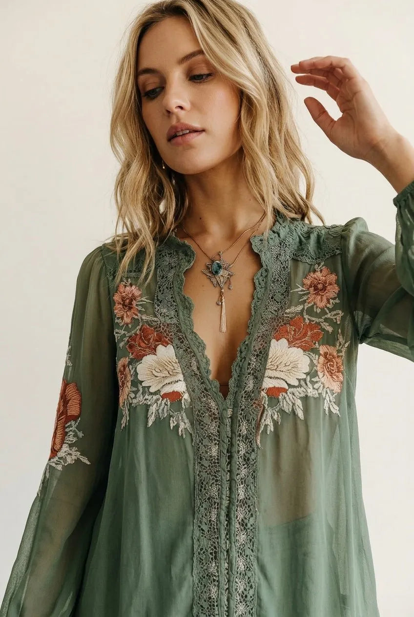 Chiffon Blouse Dames – Olijfgroen | V-hals Boho - Miss Madera MIS-BBDF22
