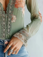 Chiffon Blouse Dames – Olijfgroen | V-hals Boho - Miss Madera MIS-BBDF22