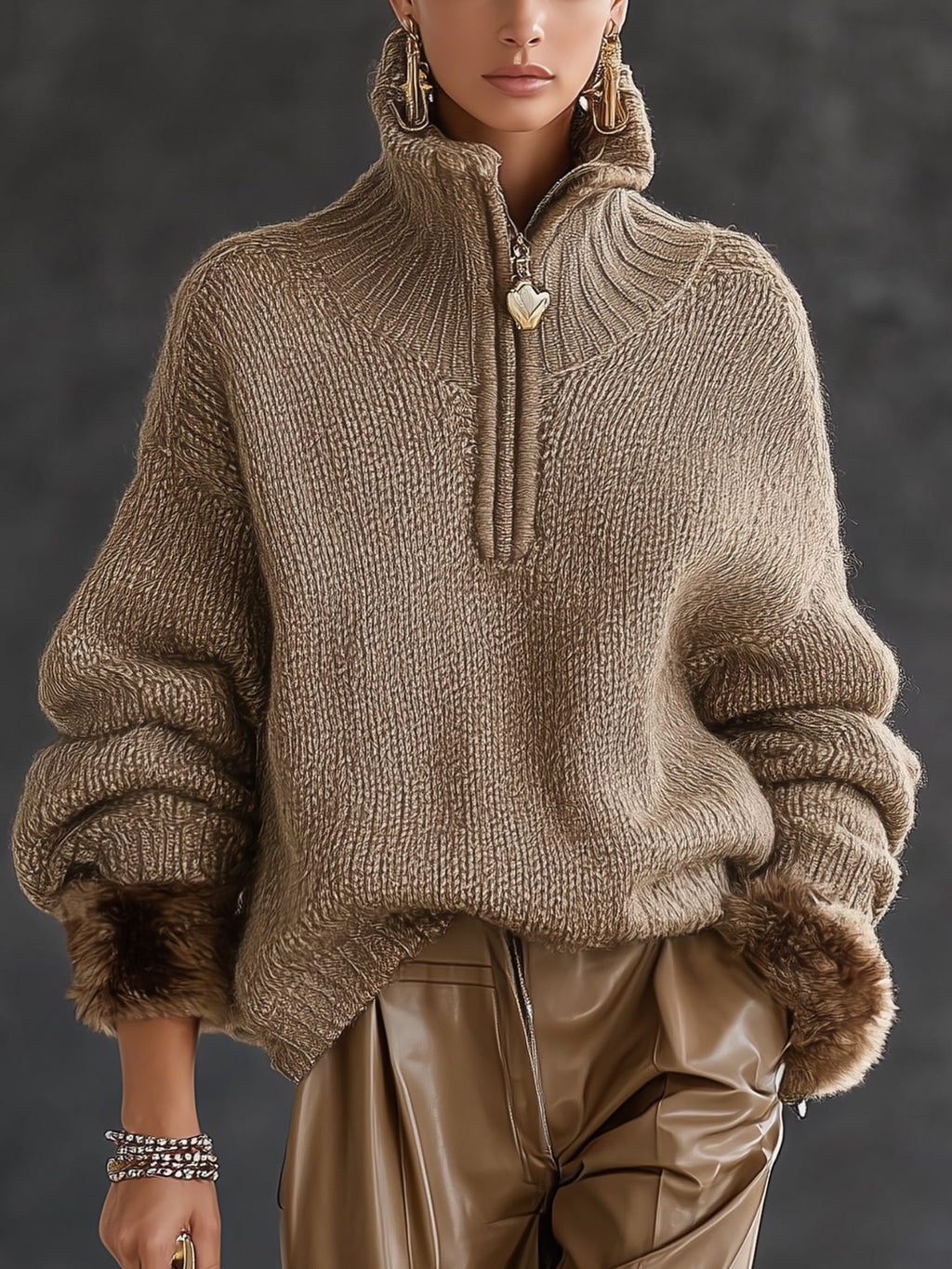 Miss | Trui Dames Oversized Half-Zip Bontmouwen - Grofgebreid