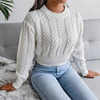 Miss | Trui Dames Cropped Kabelpatroon Pofmouwen Geribbeld