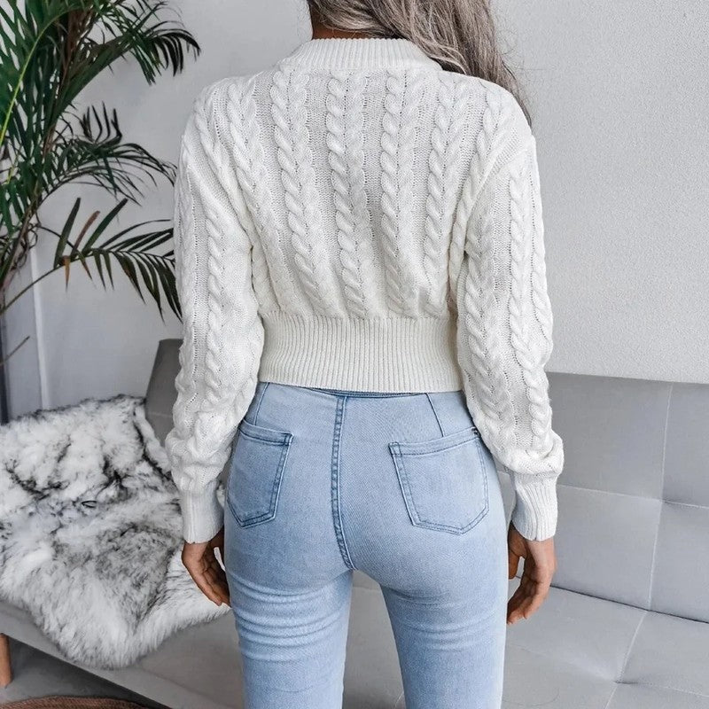 Miss | Trui Dames Cropped Kabelpatroon Pofmouwen Geribbeld