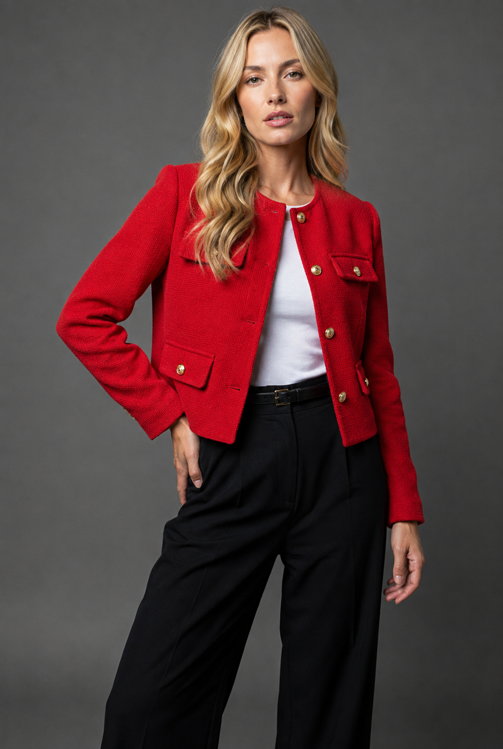 Miss | Blazer Dames Cropped Kraagloze Hals Gouden Knopen