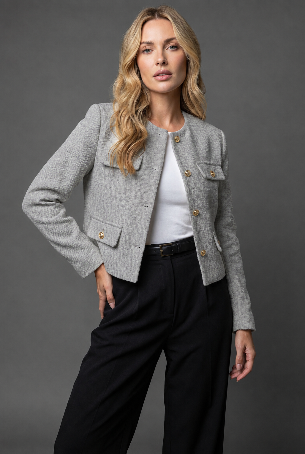 Miss | Blazer Dames Cropped Kraagloze Hals Gouden Knopen