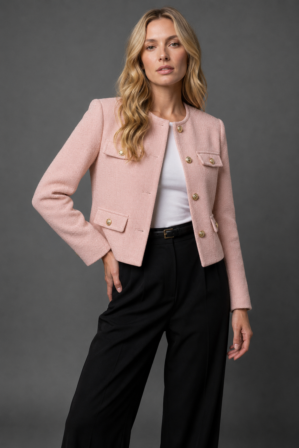 Miss | Blazer Dames Cropped Kraagloze Hals Gouden Knopen