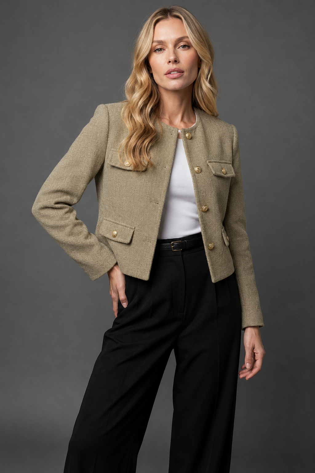 Miss | Blazer Dames Cropped Kraagloze Hals Gouden Knopen