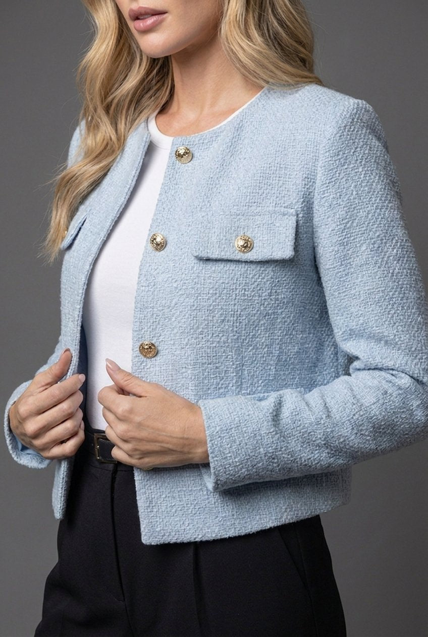 Miss | Blazer Dames Cropped Kraagloze Hals Gouden Knopen