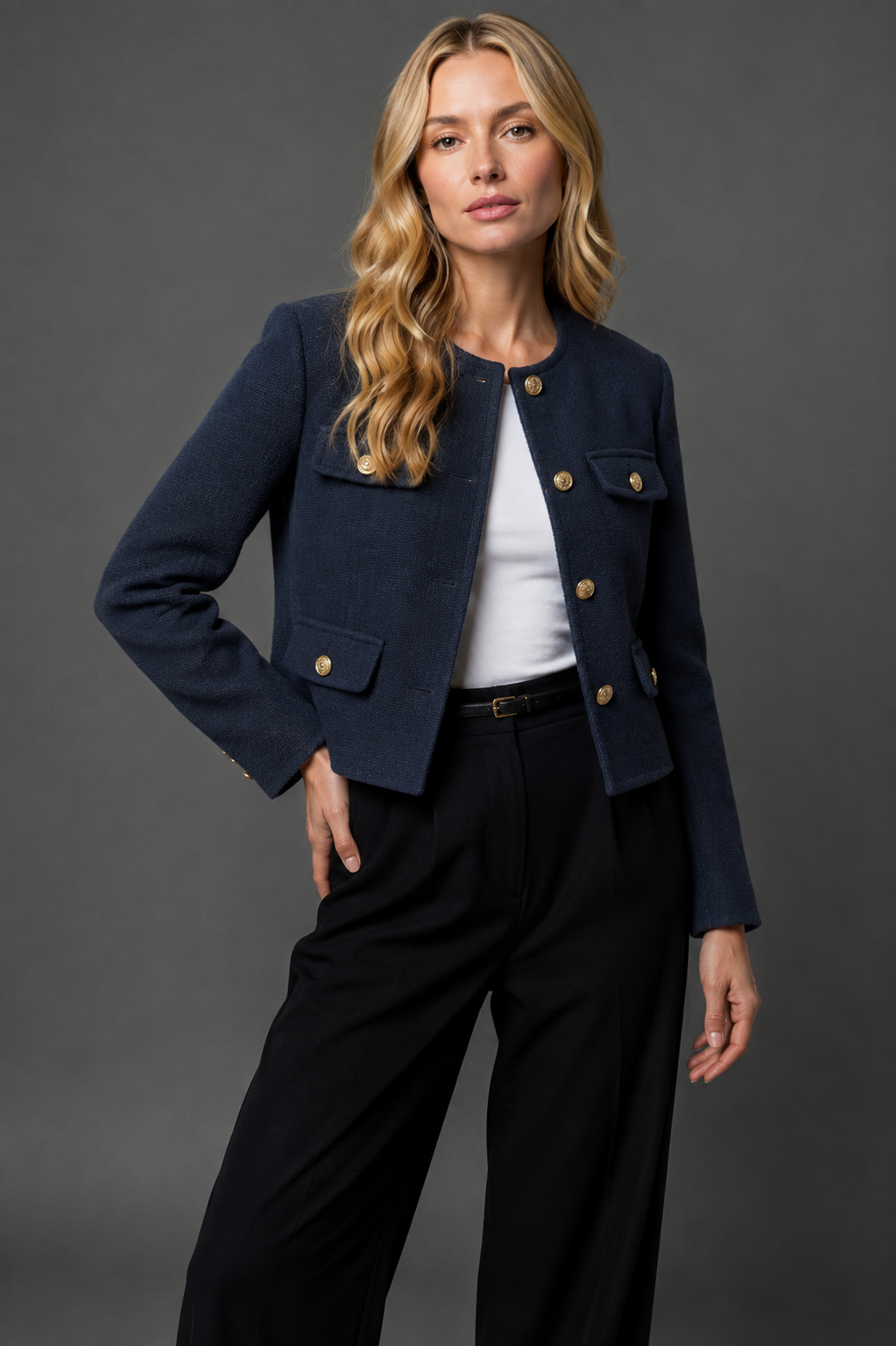 Miss | Blazer Dames Cropped Kraagloze Hals Gouden Knopen