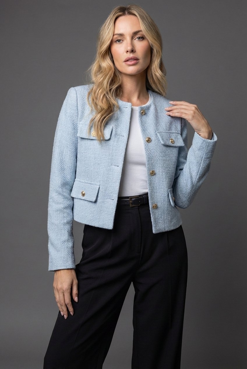 Miss | Blazer Dames Cropped Kraagloze Hals Gouden Knopen