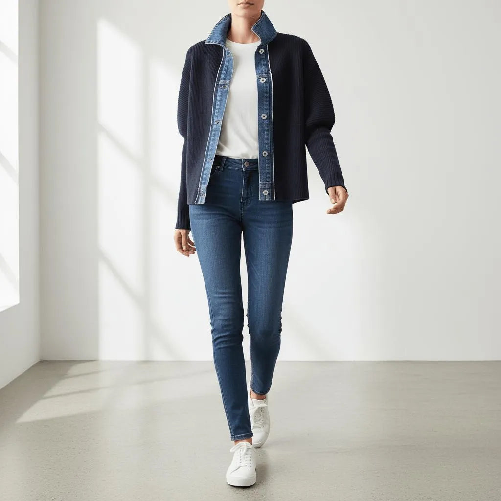 Woman wearing a navy knit cardigan with a denim collar, white tee, dark jeans, and white sneakers.