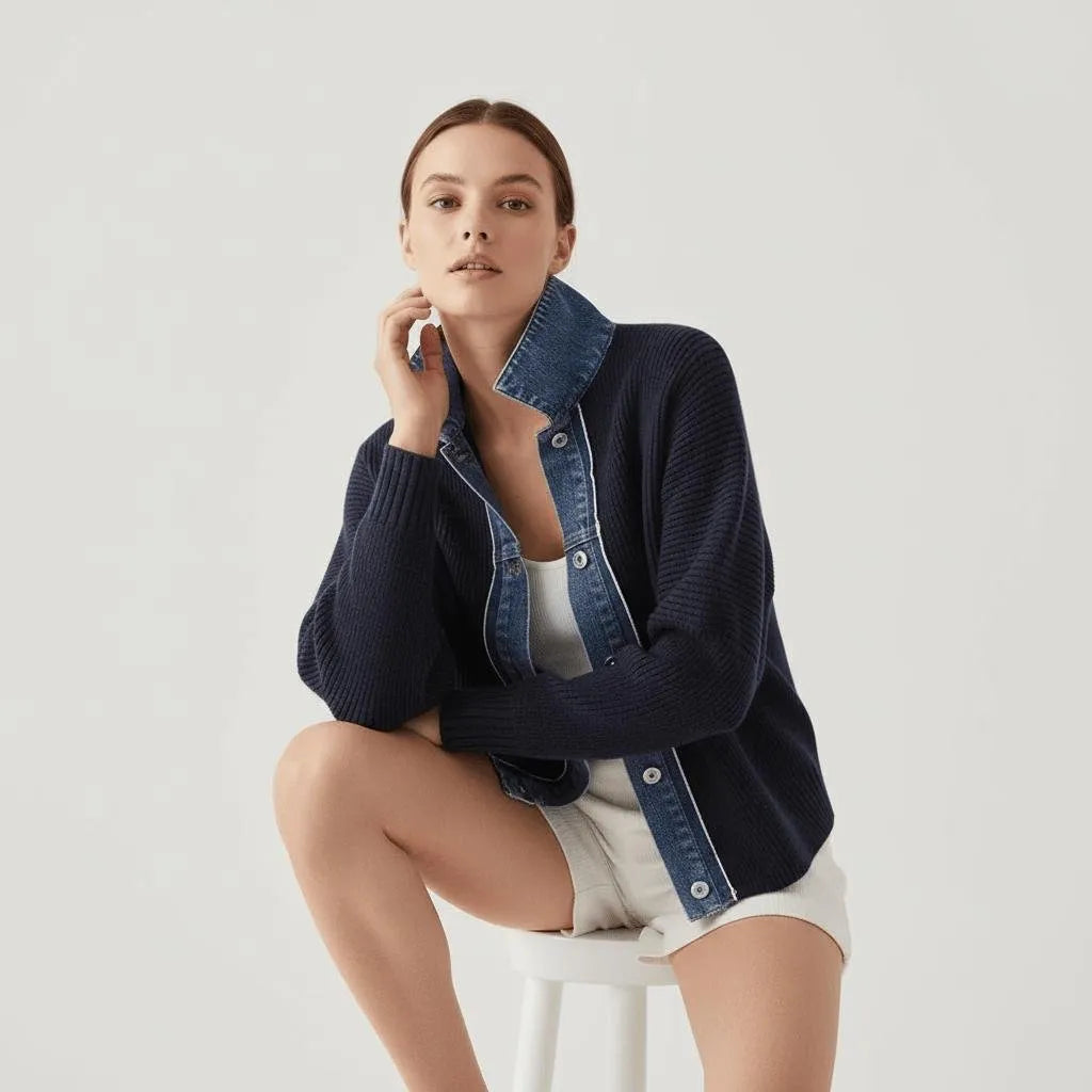 Navy knit cardigan with denim collar and white trim, worn by a woman.