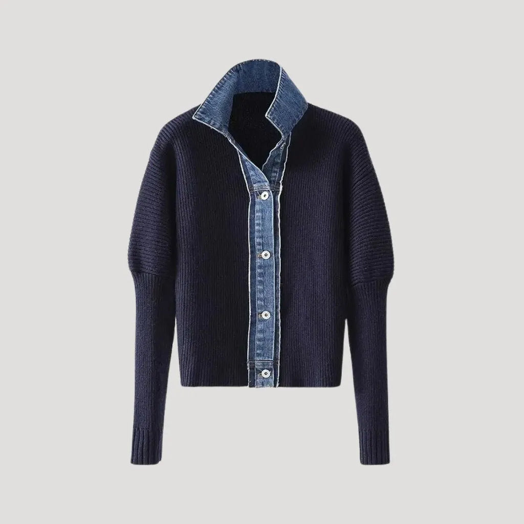 Navy knit cardigan with denim collar and button closure.