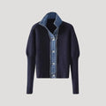 Navy knit cardigan with denim collar and button closure.