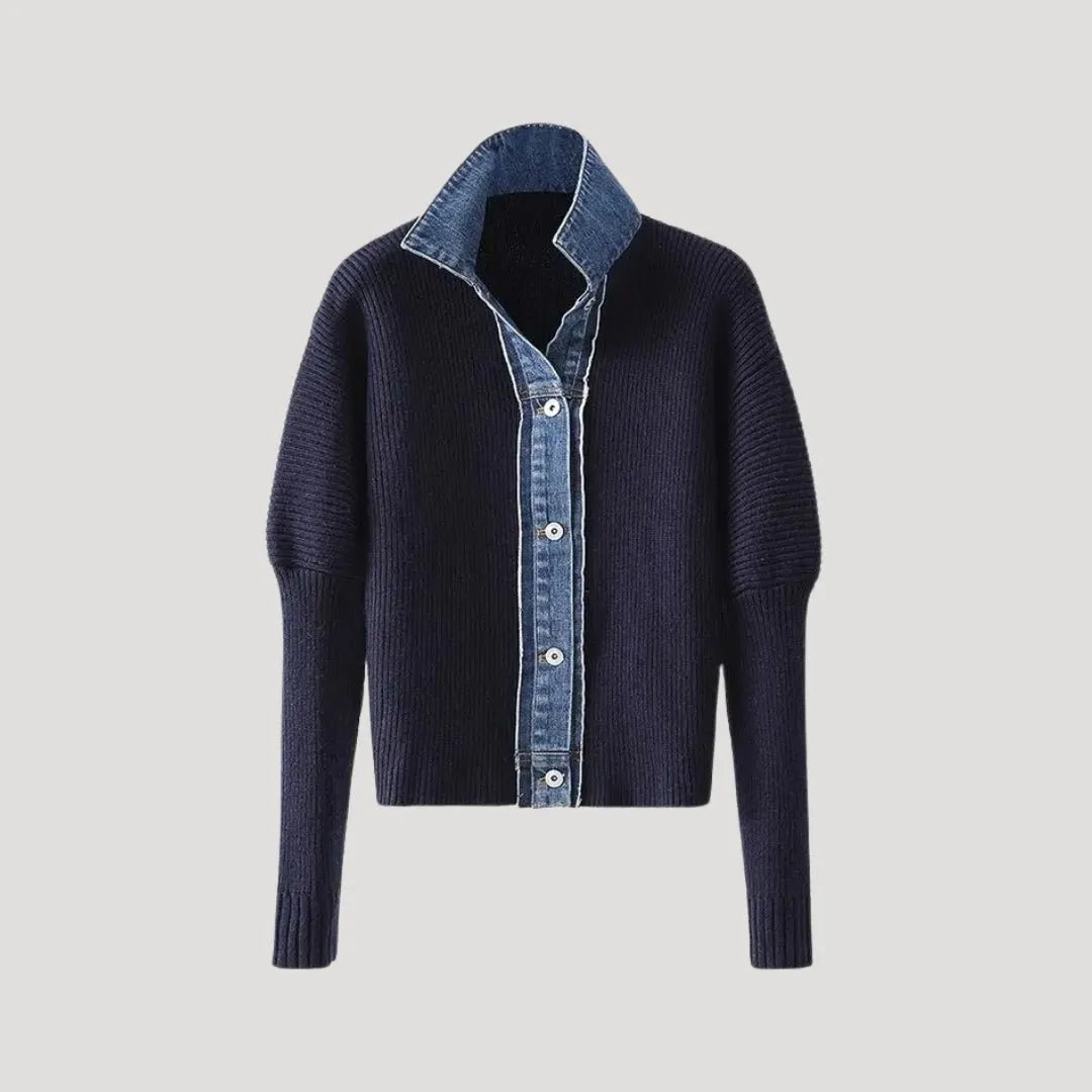 Navy knit cardigan with denim collar and button closure.