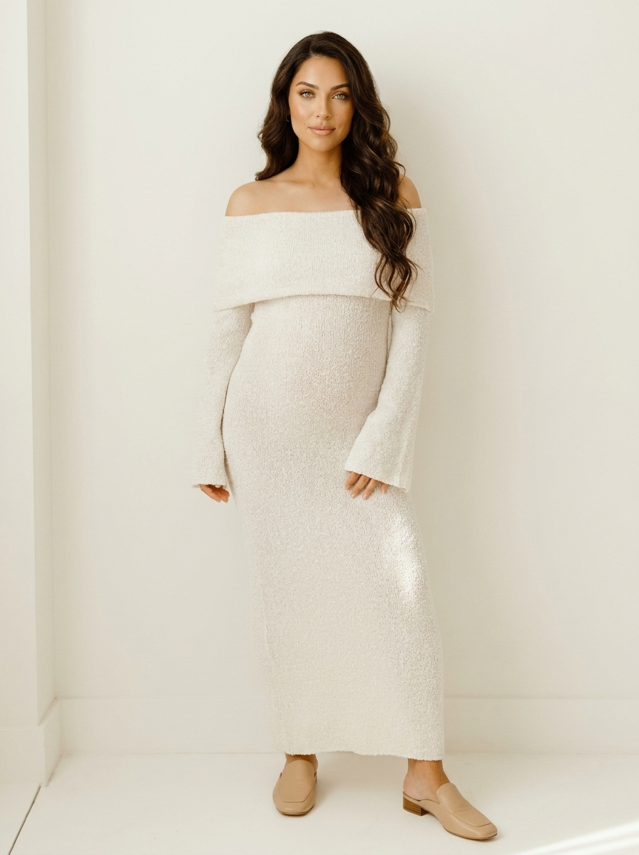 Jurk Dames Zwangerschap Off-Shoulder Maxi - Gebreid - Wit