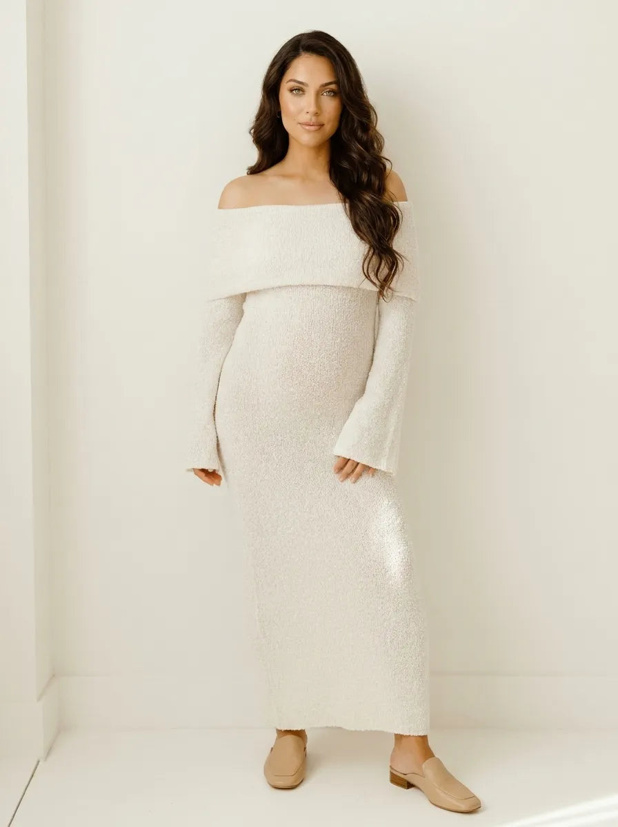 Jurk Dames Zwangerschap Off-Shoulder Maxi - Gebreid - Wit